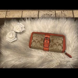 Coach Signature Canvas Tan/Coral Pink Wallet